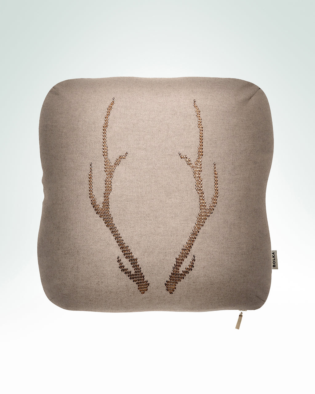 Antlers hand-embroidered greige fog wool cushion in gold metal thread.
