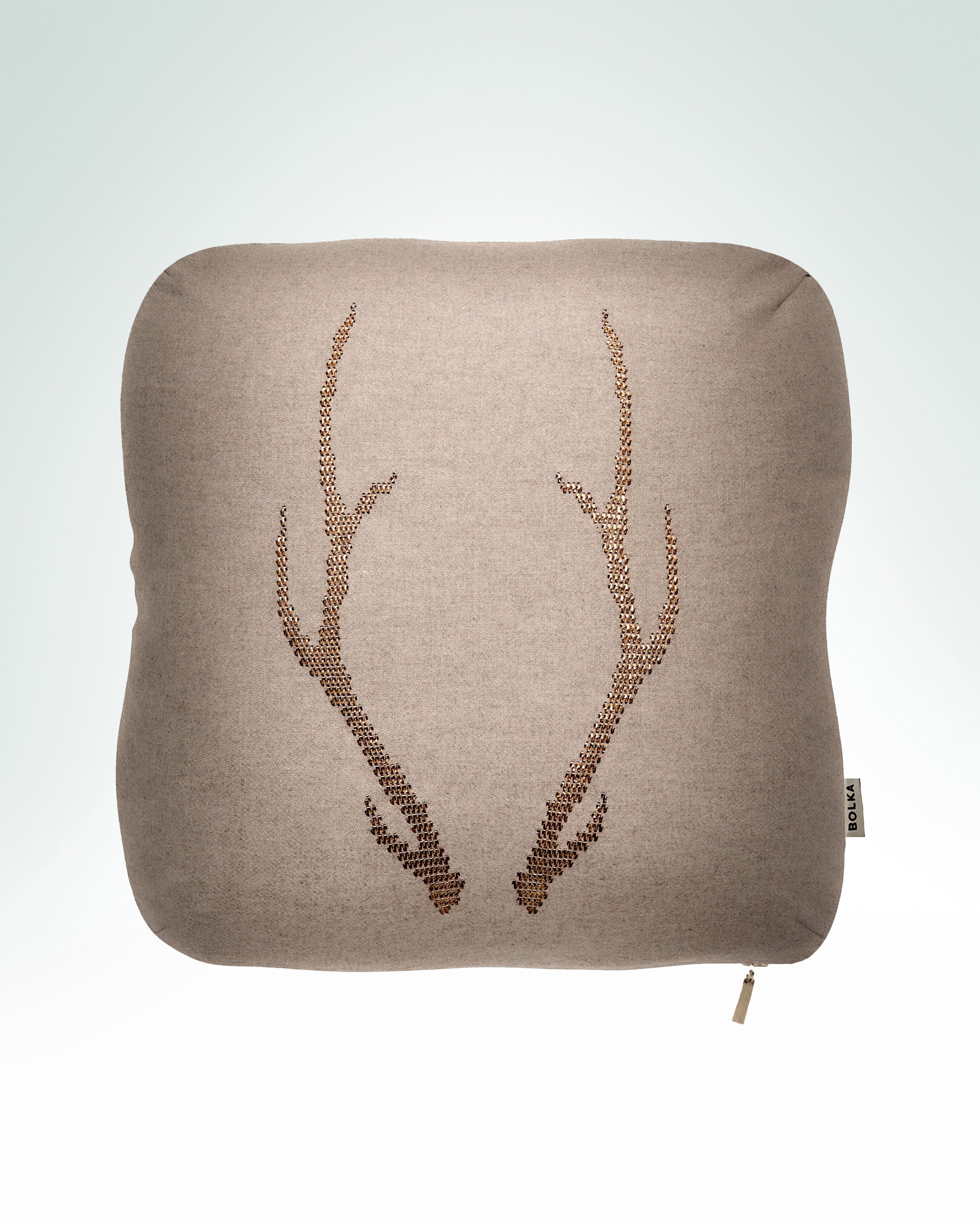 Antlers hand-embroidered greige fog wool cushion in gold metal thread.