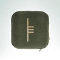 Hand-embroidered moss-toned wool cushion featuring the Alder Ogham symbol with gold metallic embroidery.