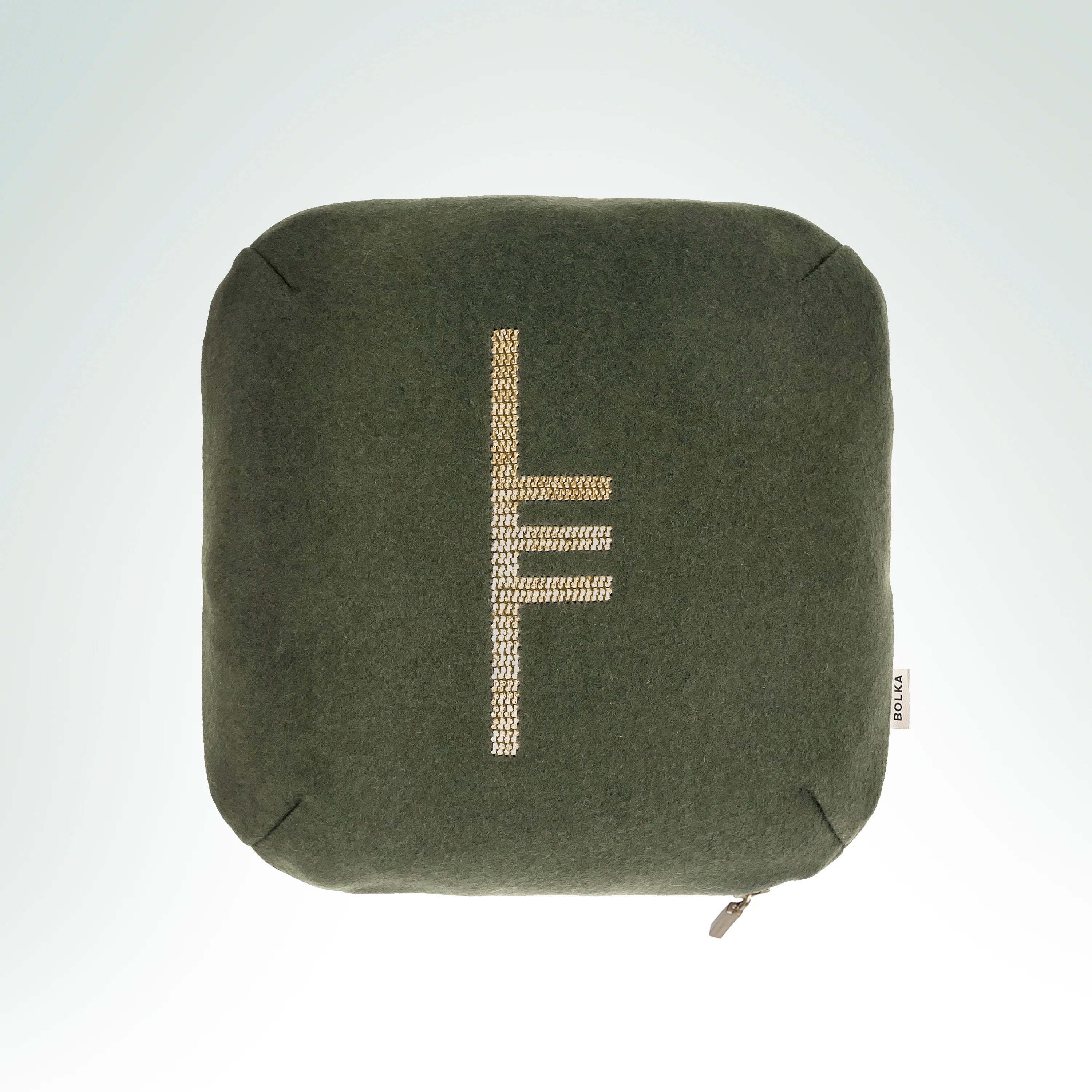 Hand-embroidered moss-toned wool cushion featuring the Alder Ogham symbol with gold metallic embroidery.