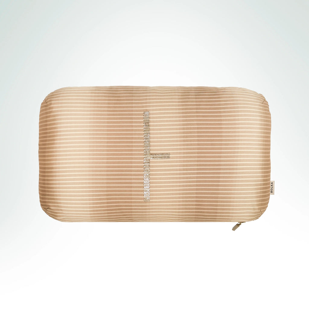 Hand-embroidered beige tonal-striped silk cushion featuring the Birch Ogham symbol with silver metal thread embroidery.