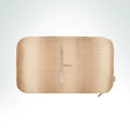 Hand-embroidered beige tonal-striped silk cushion featuring the Birch Ogham symbol with silver metal thread embroidery.