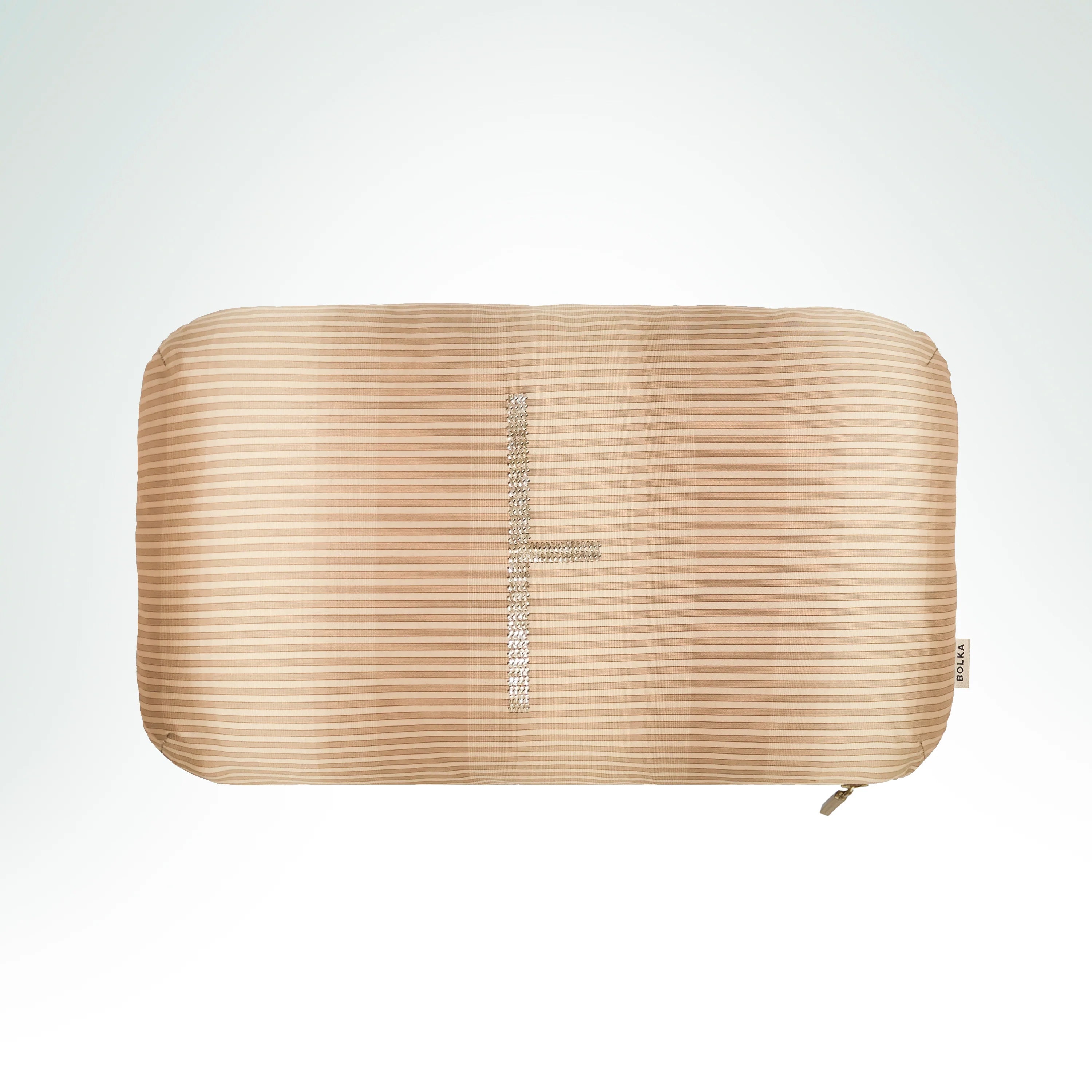 Hand-embroidered beige tonal-striped silk cushion featuring the Birch Ogham symbol with silver metal thread embroidery.