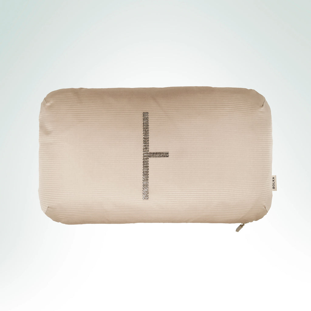 Hand-embroidered hand-loomed beige silk cushion featuring the Birch Ogham symbol with silver metal thread