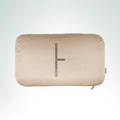 Hand-embroidered hand-loomed beige silk cushion featuring the Birch Ogham symbol with silver metal thread