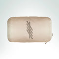 Hand-embroidered hand-loomed beige silk cushion featuring the Blackthorn Ogham symbol with gold metal thread embroidery.