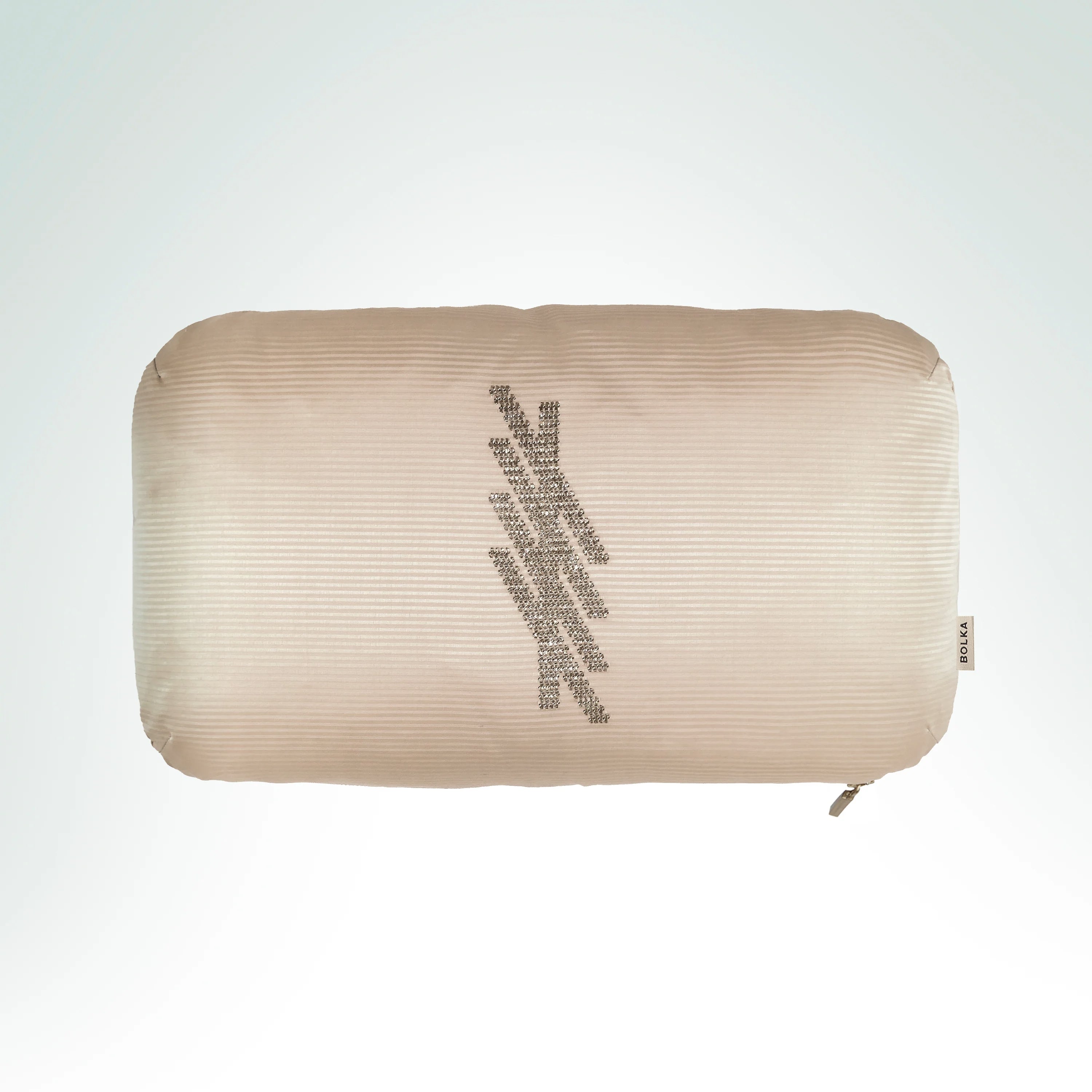 Hand-embroidered hand-loomed beige silk cushion featuring the Blackthorn Ogham symbol with gold metal thread embroidery.