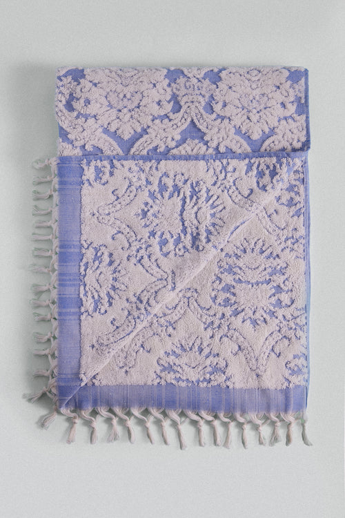 Carnation soft Turkish cotton bath towel in blue jacquard inspired by Ottoman floral motifs. 