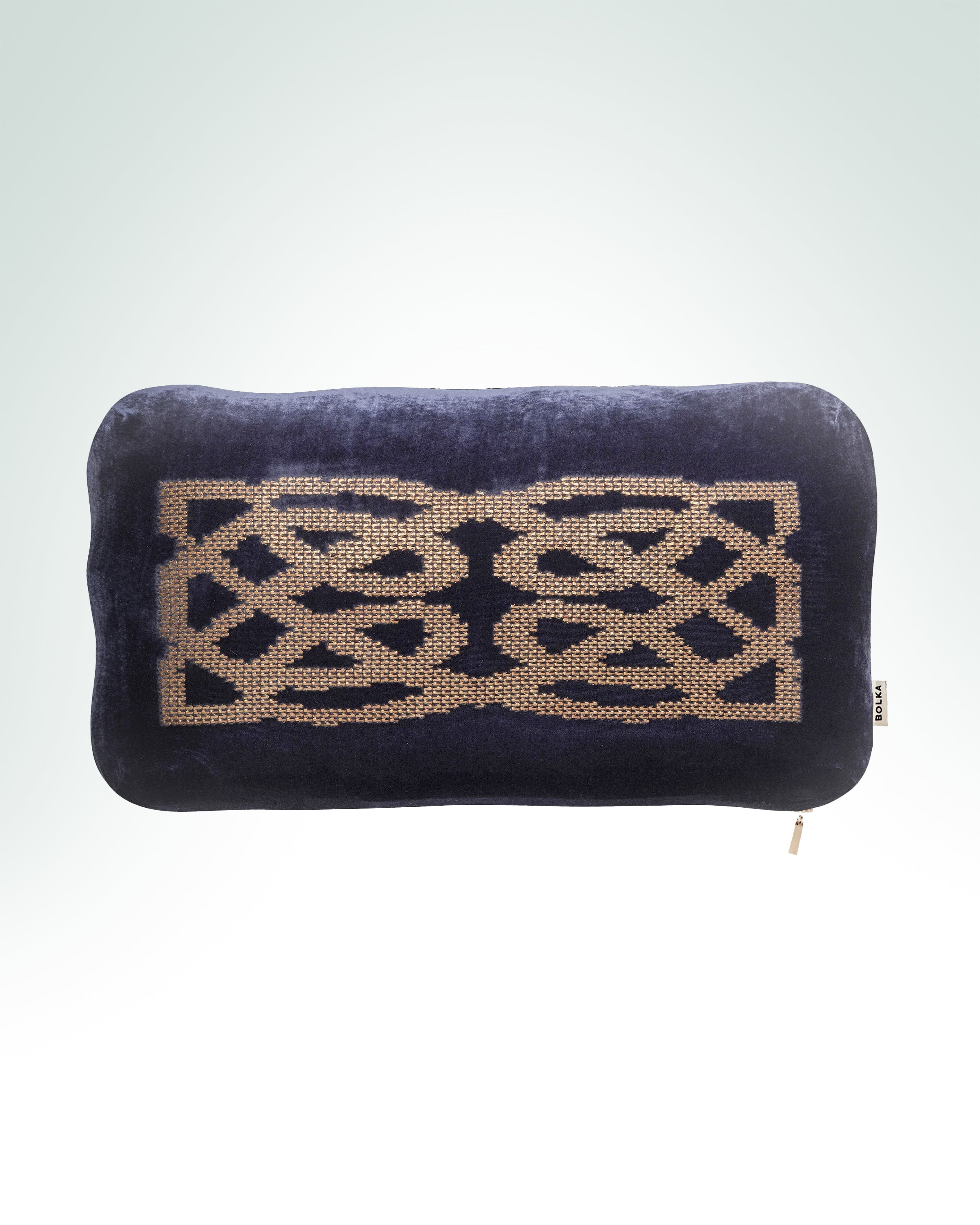 celtic knot hand-embroidered on night blue velvet cushion with gold thread.