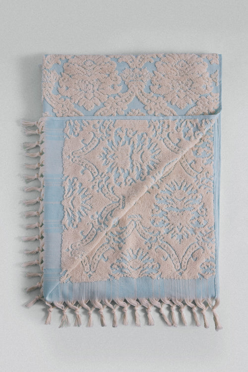 Jacquard Turkish cotton bath towel in light  pale pastel sky blue inspired by the Ottoman carnation. 