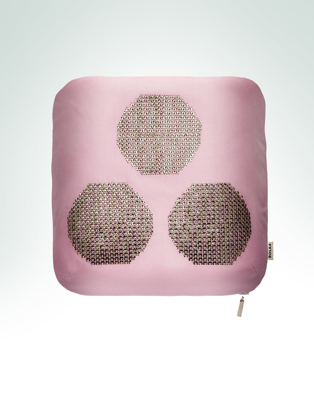 Luxury pink silk cushion with hand-embroidered Chintamani motif in gold metallic thread