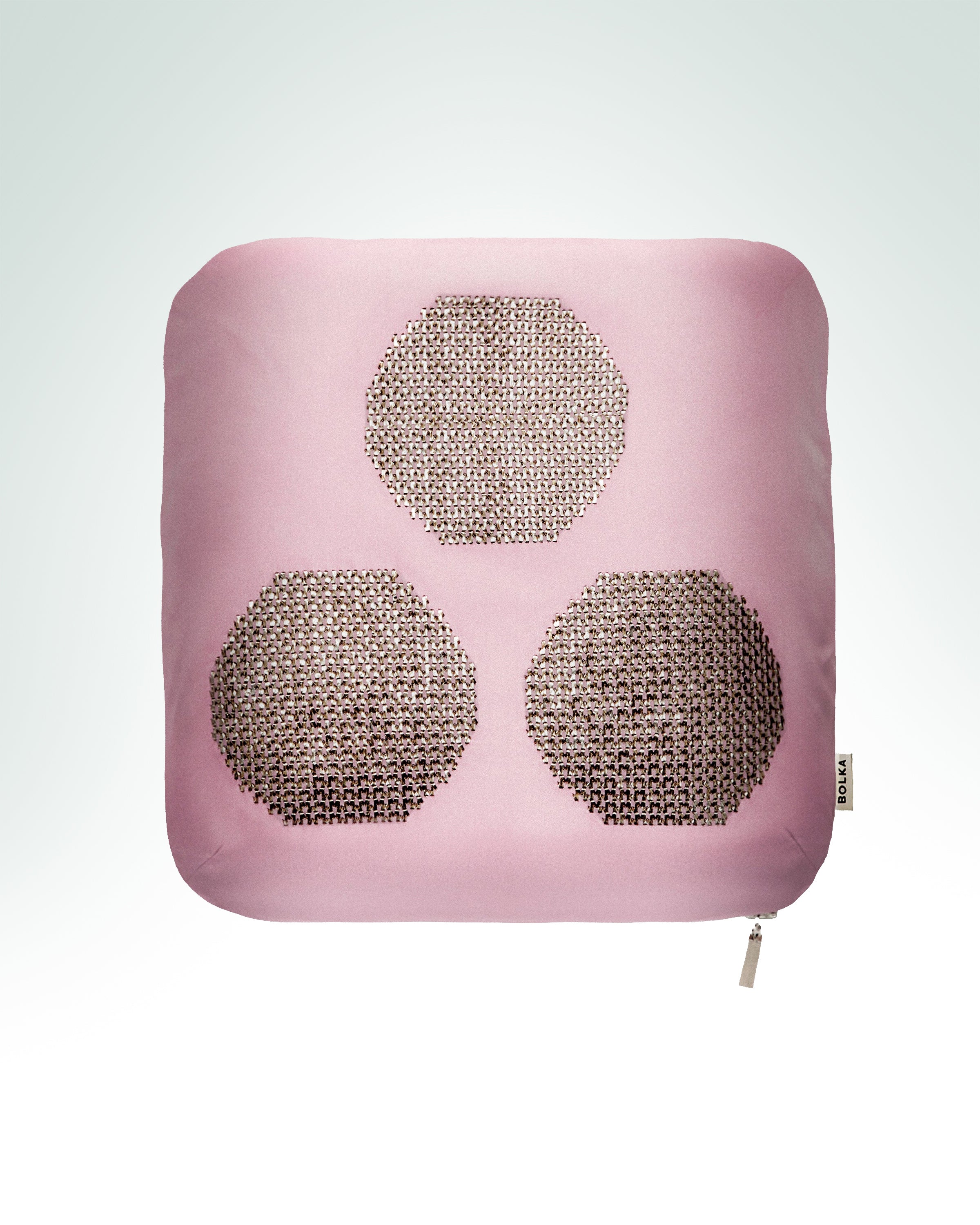 Luxury pink silk cushion with hand-embroidered Chintamani motif in gold metallic thread