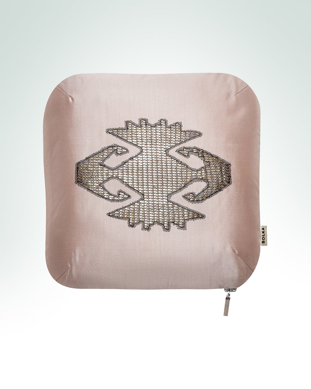 Hand-embroidered elibelinde pink silk cushion with silver metal thread embroidery.