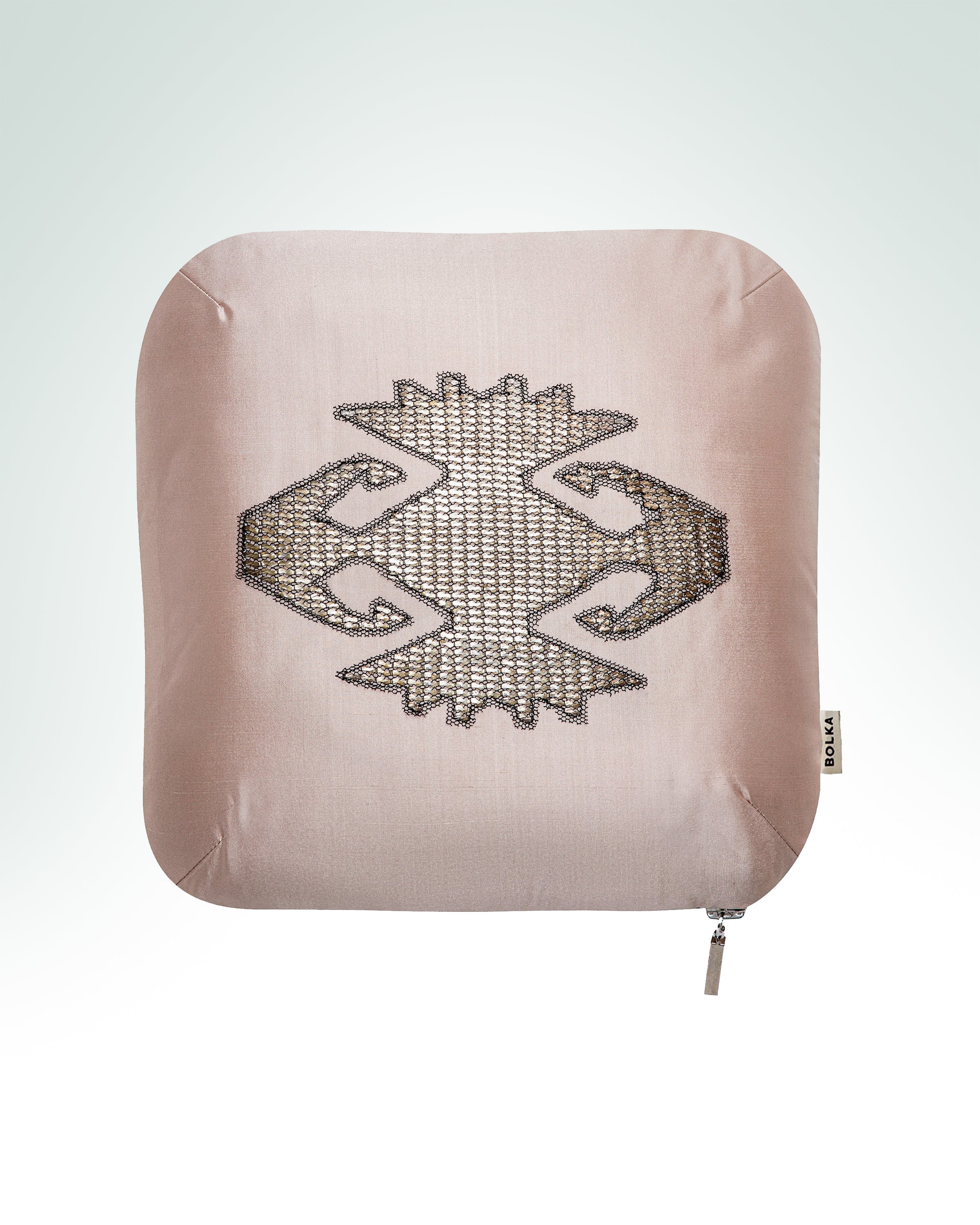 Hand-embroidered elibelinde pink silk cushion with silver metal thread embroidery.