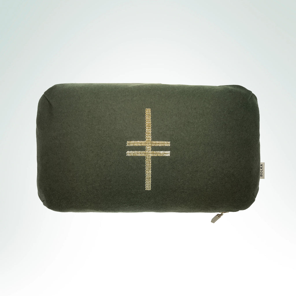 Hand-embroidered heritage wool cushion featuring the Gorse Ogham symbol with gold metal thread embroidery
