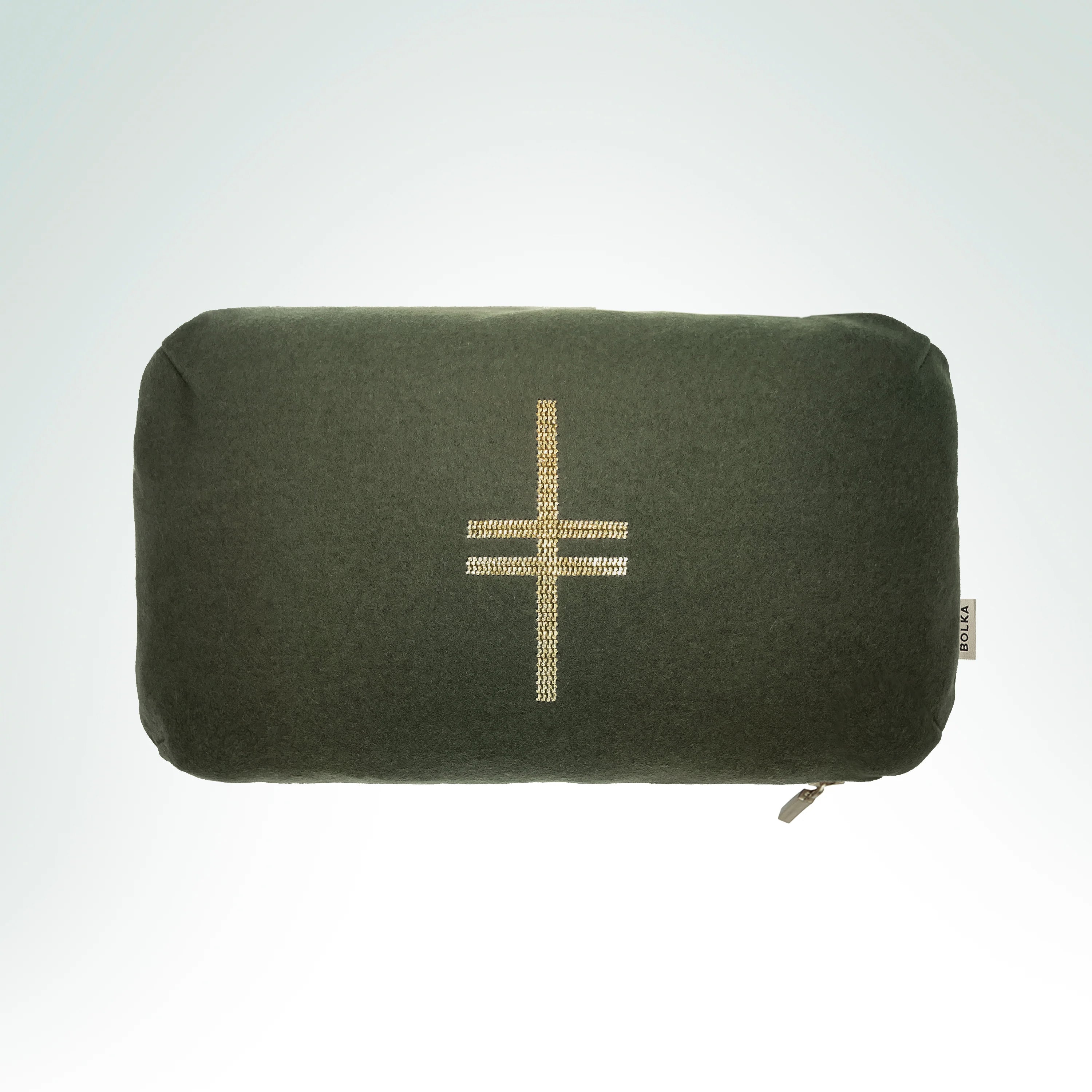 Hand-embroidered heritage wool cushion featuring the Gorse Ogham symbol with gold metal thread embroidery