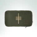 Hand-embroidered heritage wool cushion featuring the Heather Ogham symbol with gold metal thread embroidery