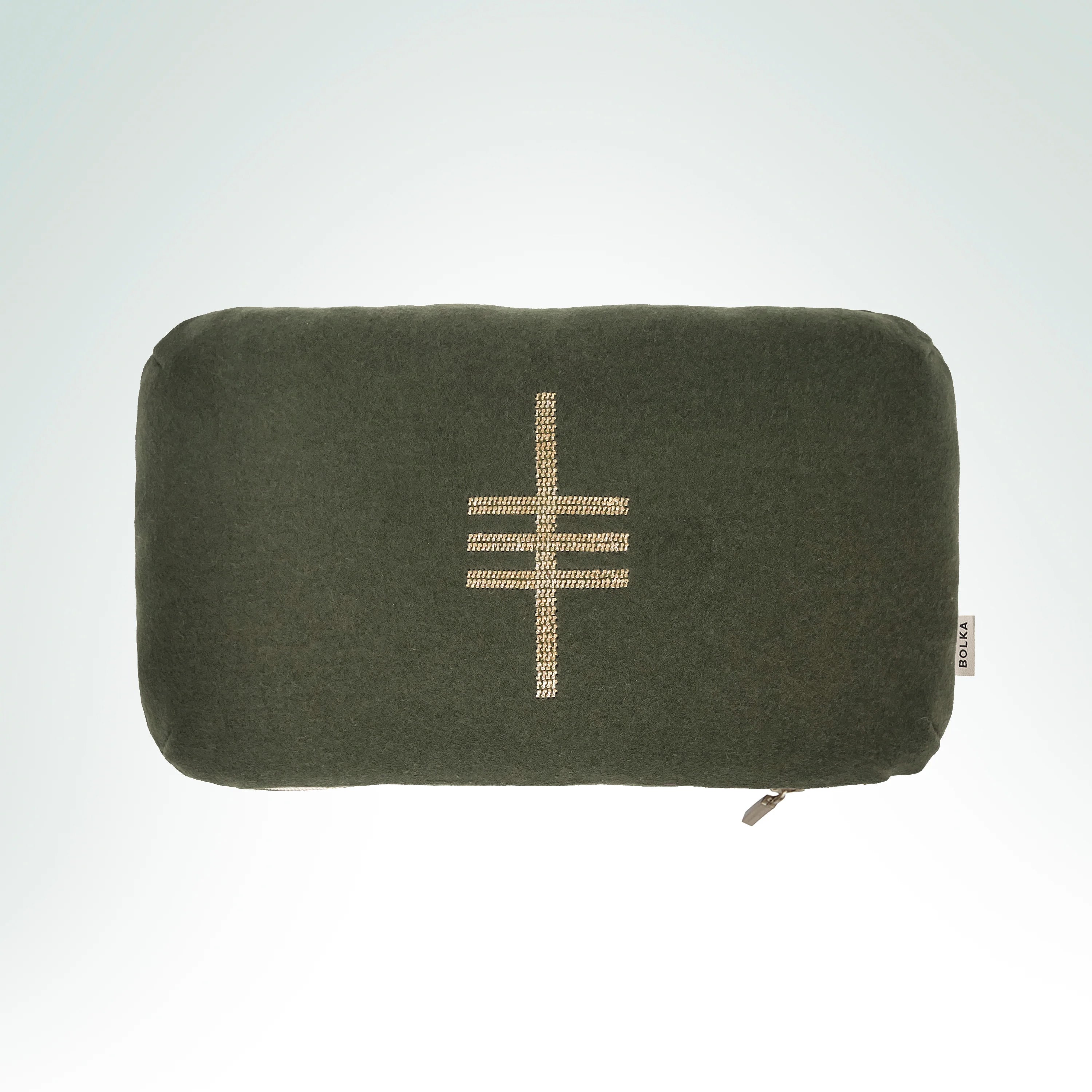 Hand-embroidered heritage wool cushion featuring the Heather Ogham symbol with gold metal thread embroidery