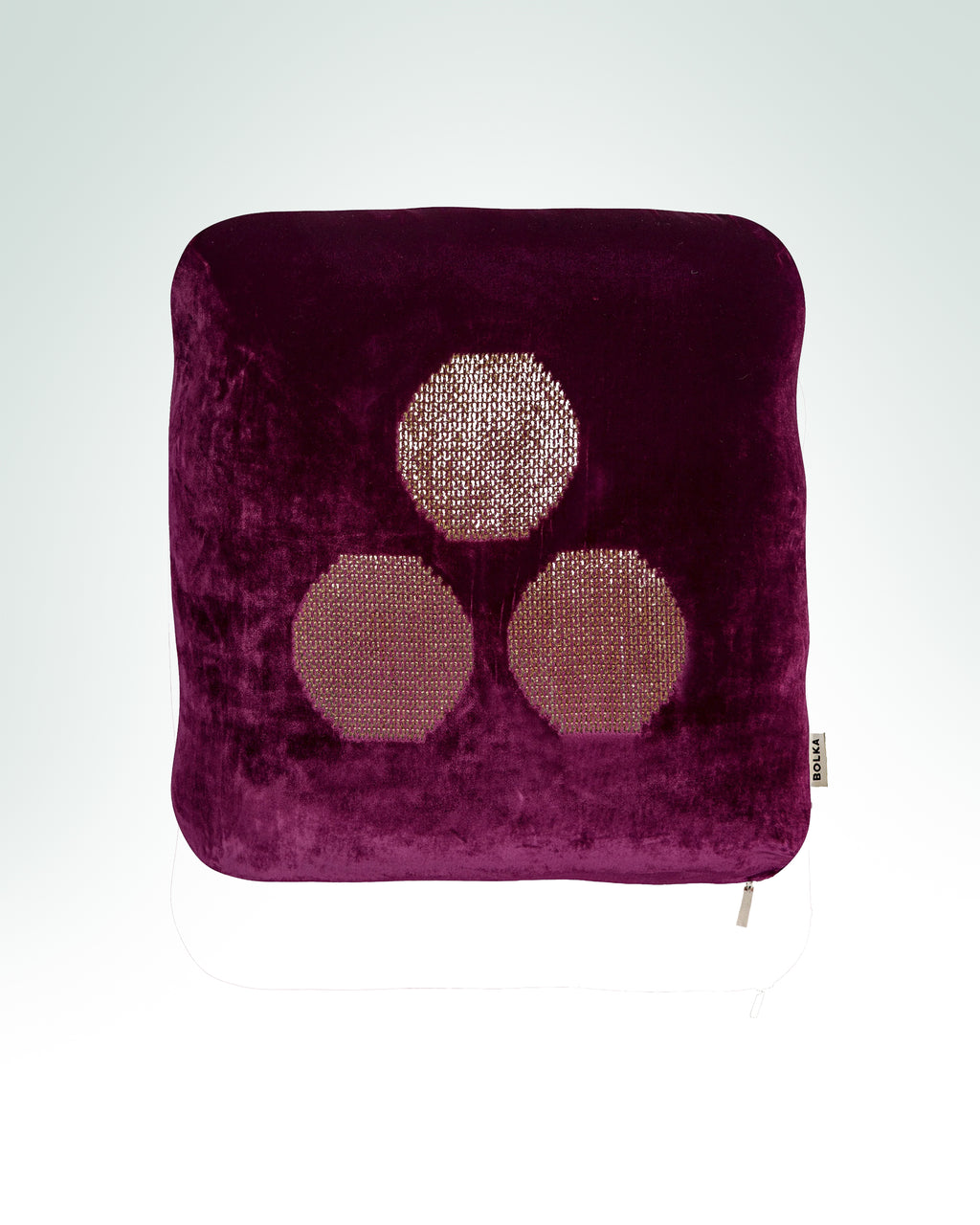 Hand-embroidered Golden Berry velvet cushion featuring the Chintamani motif with gold metallic embroidery