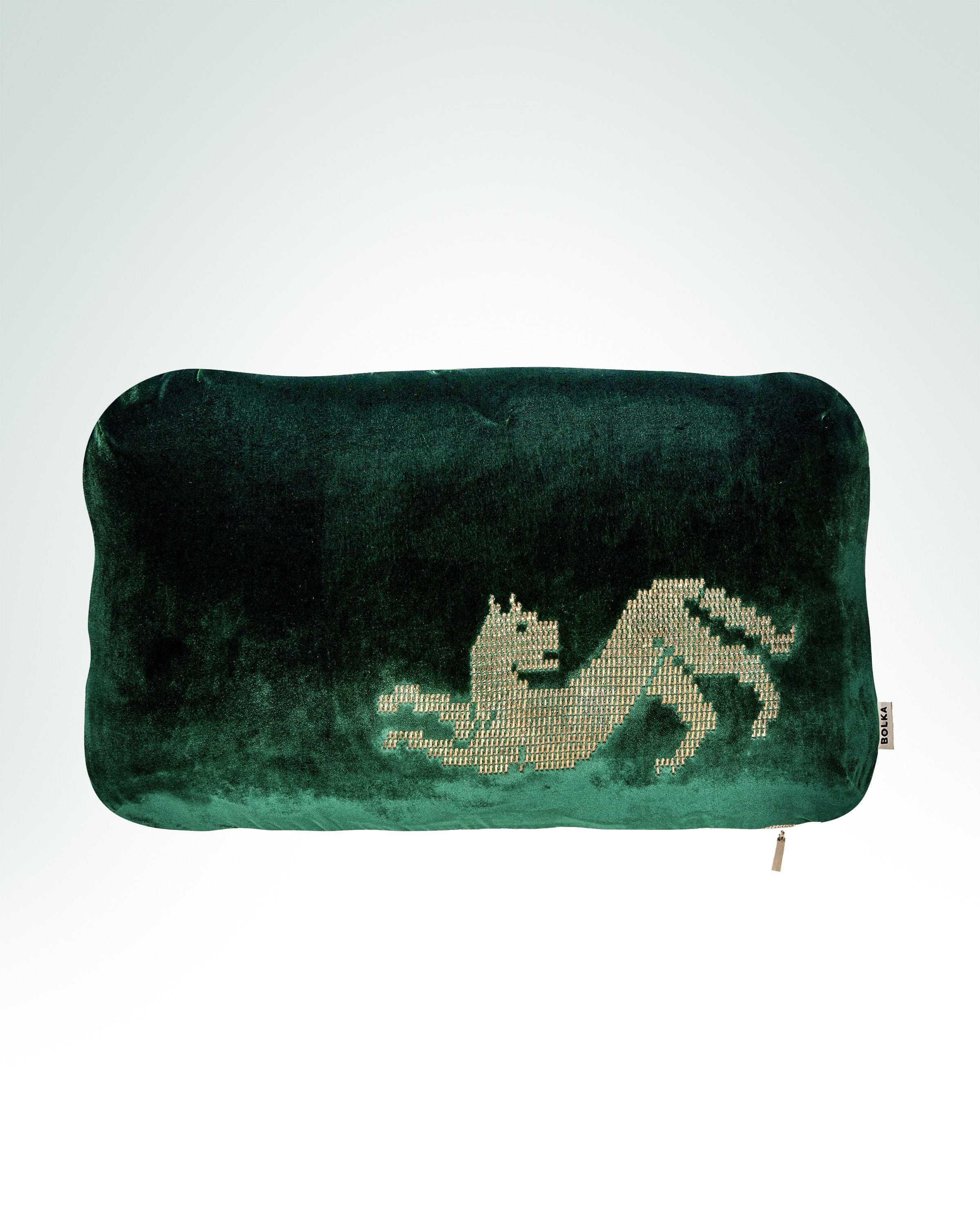 leopard hand-embroidered emerald green cushion in gold metal thread