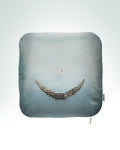 Hand-embroidered blue silk cushion featuring ottoman star crescent embroidery with gold metal thread.