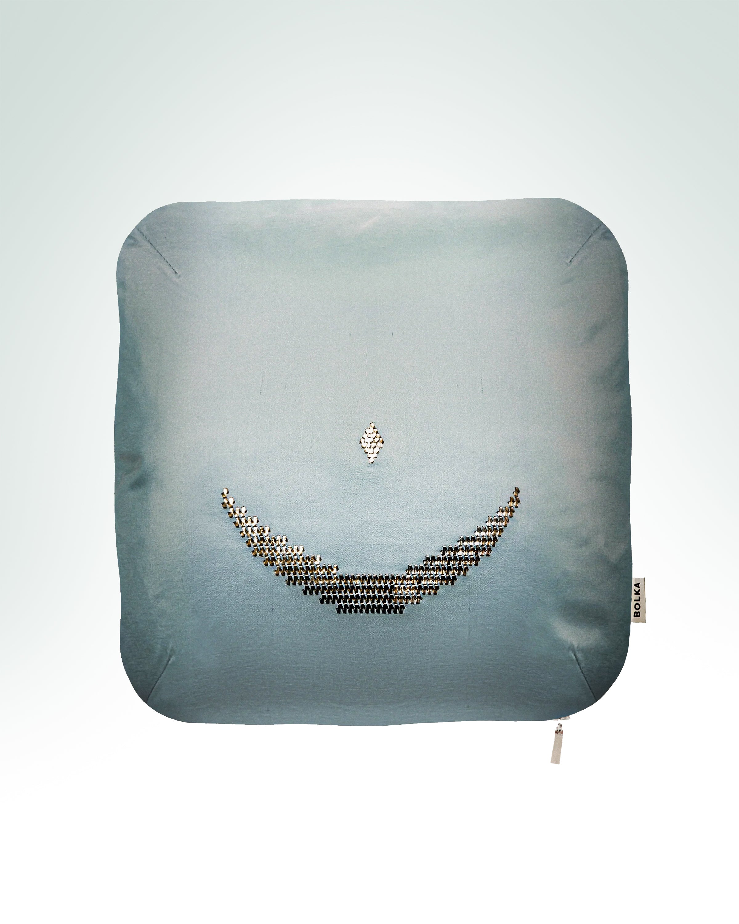 Hand-embroidered blue silk cushion featuring ottoman star crescent embroidery with gold metal thread.