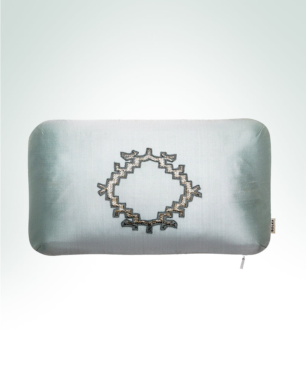 Tortoise hand-embroidered blue-grey silk cushion with silver thread.