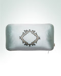 Tortoise hand-embroidered blue-grey silk cushion with silver thread.