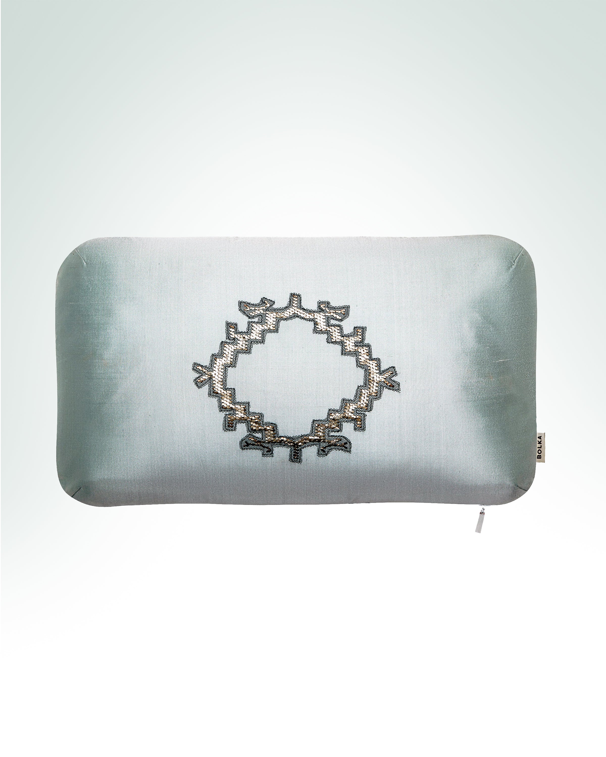 Tortoise hand-embroidered blue-grey silk cushion with silver thread.