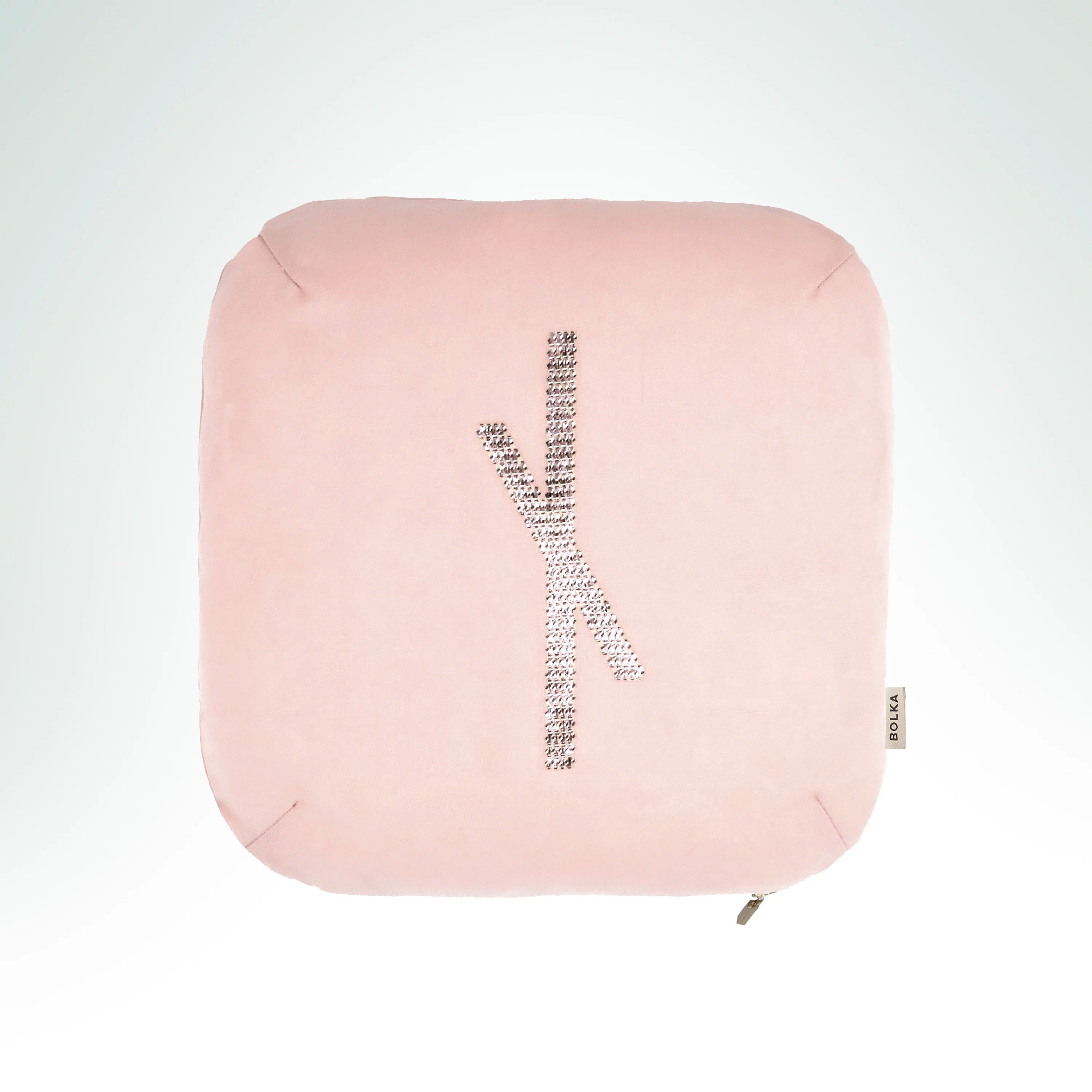 hand-embroidered pink wool cushion featuring the Vine Ogham symbol with gold metal thread embroidery.
