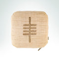 Aspen Ogham symbol hand-embroidered heritage linen cushion in beige with gold metal thread.