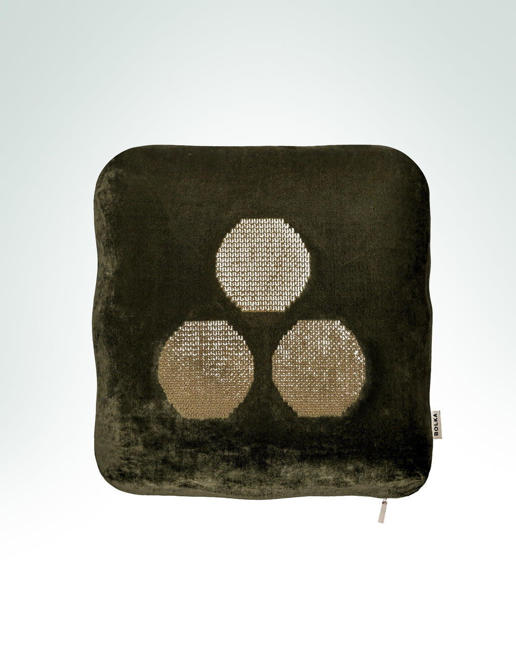 Chintamani hand-embroidered golden olive velvet cushion with gold metal thread