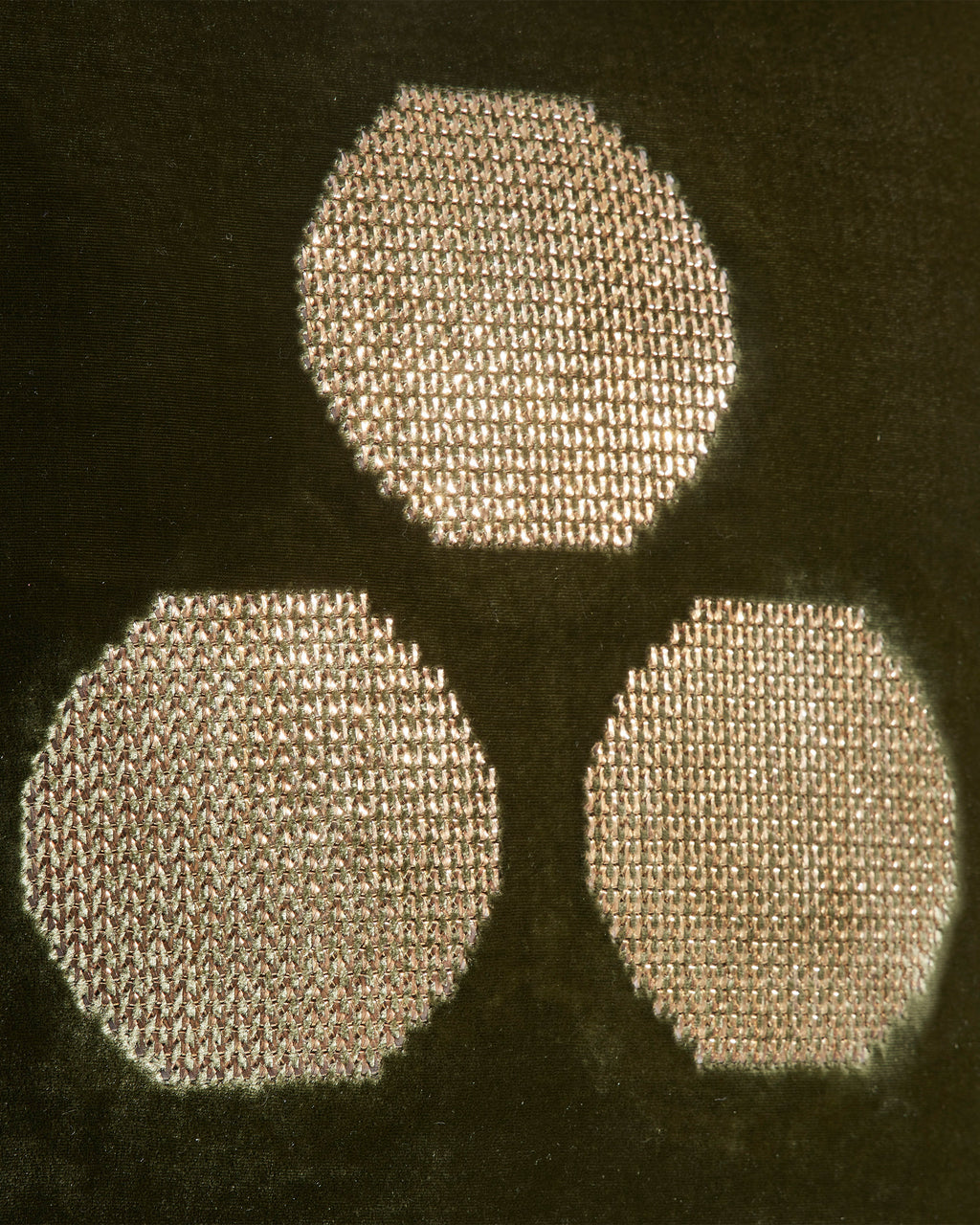 CHINTAMANI HAND-EMBROIDERED GOLDEN OLIVE VELVET CUSHION <br> One jewel to answer every wish