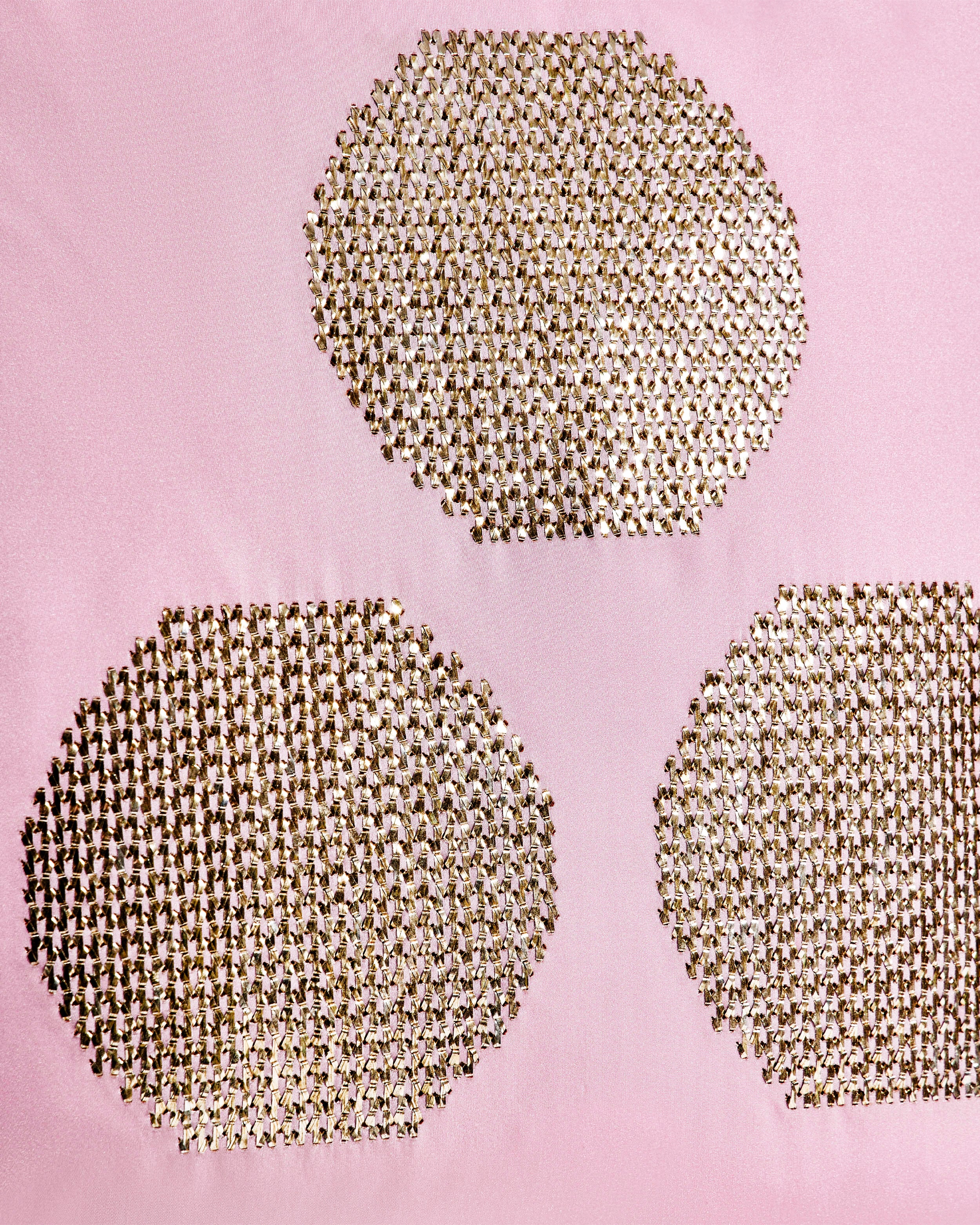 hand-embroidered chintamani motif with gold thread on pink silk taffeta