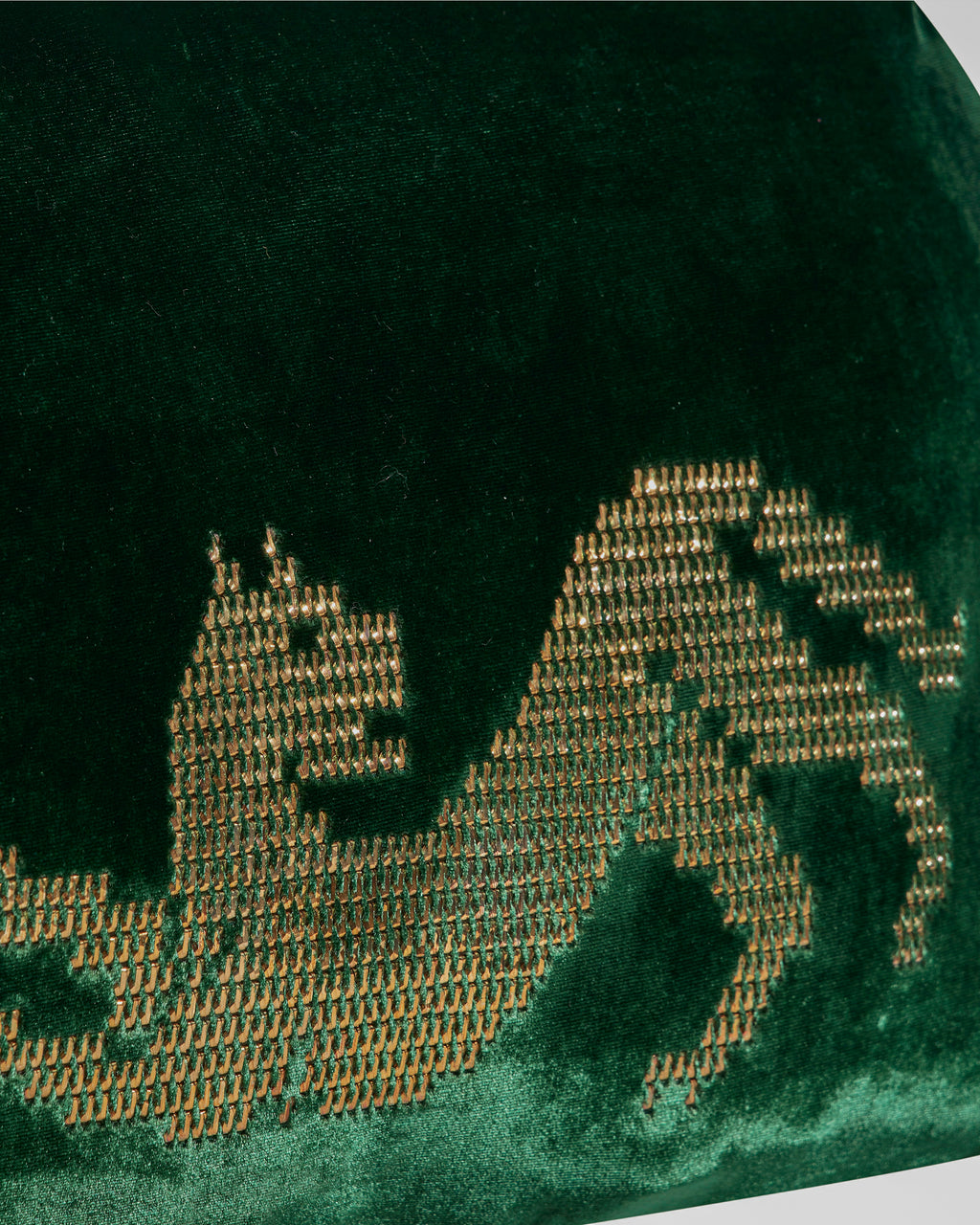 leopard hand-embroidered emerald green  velvet cushion in gold metal thread