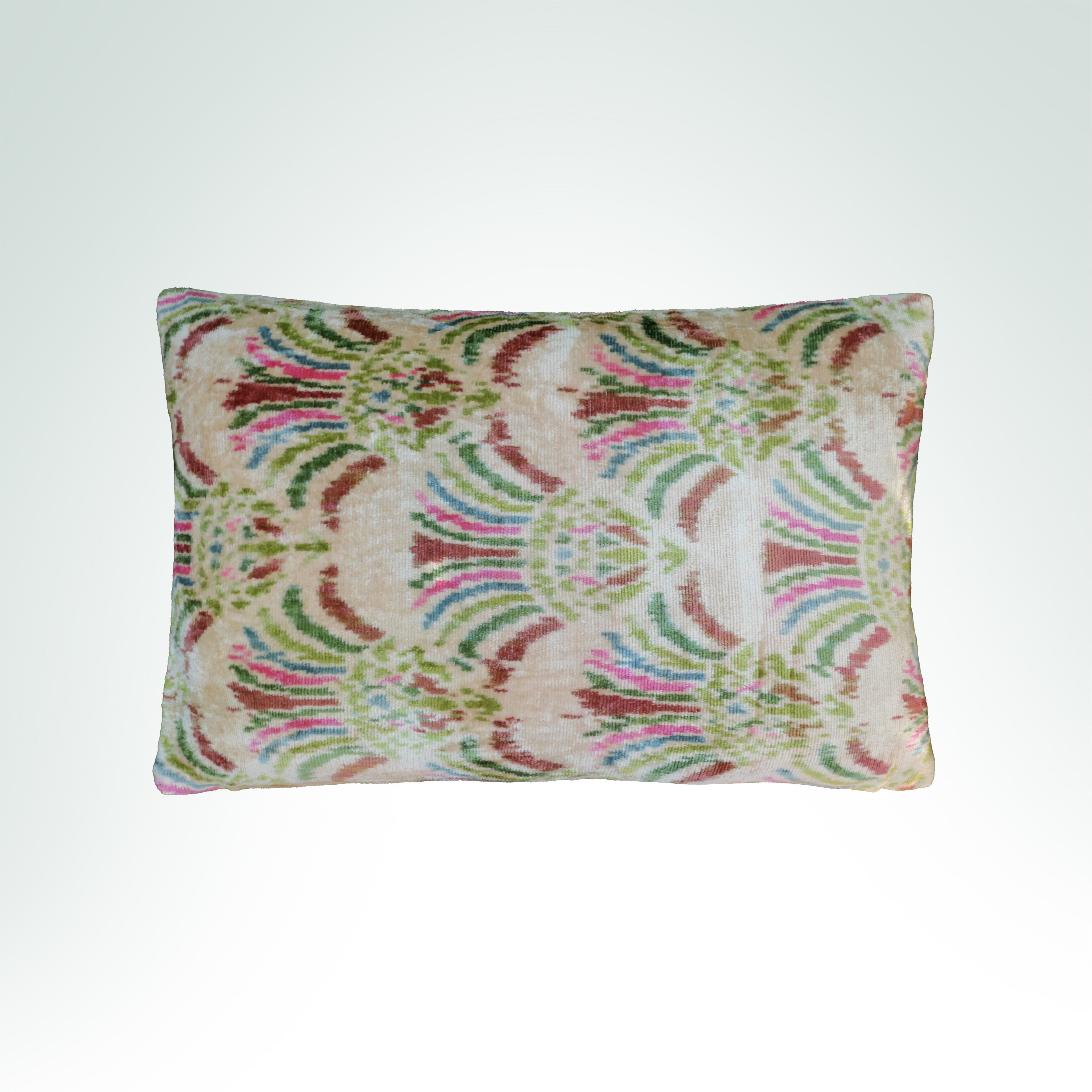 multicolored floral ikat motif on beige velvet cushion 